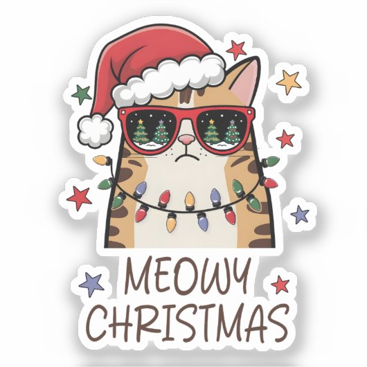 Funny Santa-kat “Meowy Kerstmis” Vinyl Sticker (Voorkant)