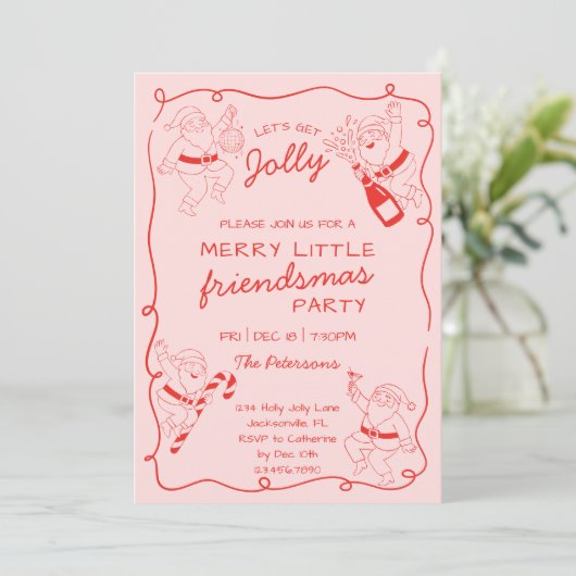 Funny Santa Line Art Friendsmas Christmas Party Kaart (Staand voorkant)