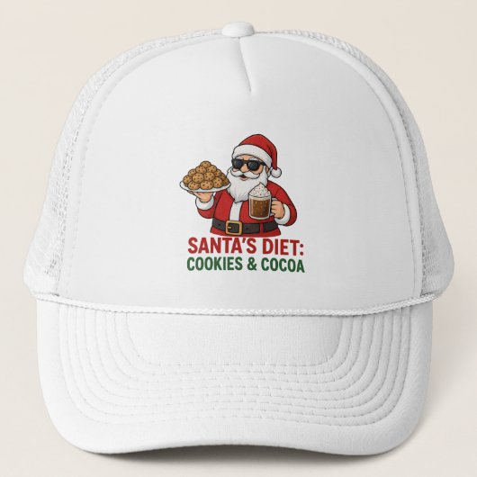 Funny Santa Mug – Santa’s Diet: Cookies & Cocoa Trucker Pet (Voorkant)