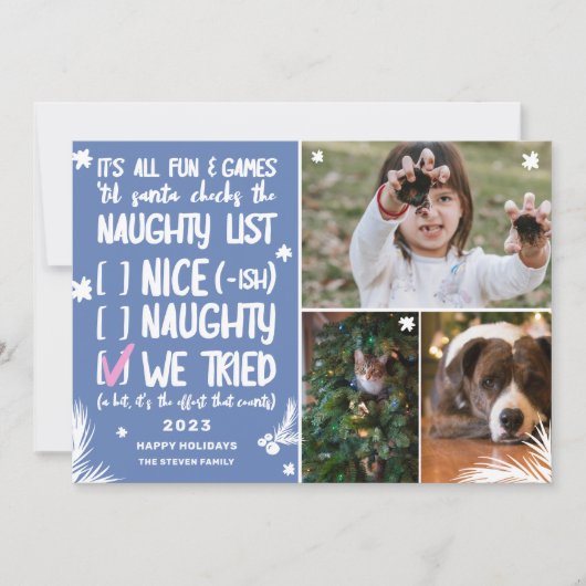 Funny Santa naughty List 3 foto's blauw kerstfeest Feestdagenkaart (Voorkant)