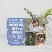 Funny Santa naughty List 3 foto's blauw kerstfeest Feestdagenkaart (Staand voorkant)