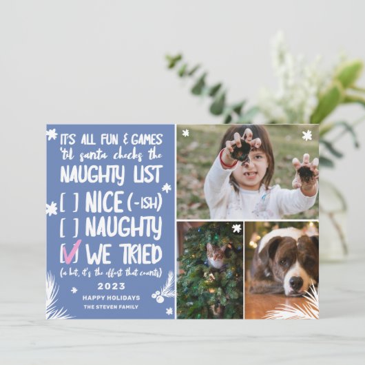 Funny Santa naughty List 3 foto's blauw kerstfeest Feestdagenkaart (Staand voorkant)