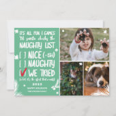 Funny Santa naughty list 3 foto's groen kerstfeest Feestdagenkaart (Voorkant)