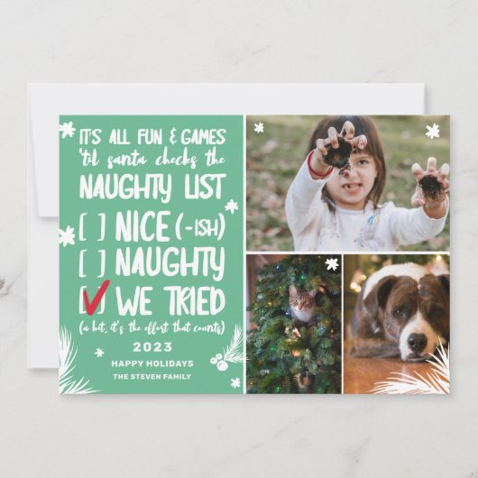 Funny Santa naughty list 3 foto's groen kerstfeest Feestdagenkaart (Voorkant)