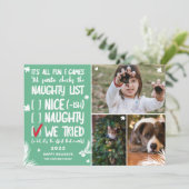 Funny Santa naughty list 3 foto's groen kerstfeest Feestdagenkaart (Staand voorkant)