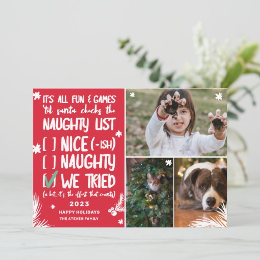 Funny Santa naughty list 3 foto's red Kerstmis Feestdagenkaart (Staand voorkant)