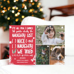 Funny Santa naughty list 3 foto's red Kerstmis Feestdagenkaart<br><div class="desc">Grappig de lijst van de Santa-naughty,  het is allemaal leuk en games tot de Kerstman de ondeugende lijst controleert! Voeg 3 van je favoriete foto's toe,  met sneeuwvlokken,  pijnboomboringen en een coole,  moderne en leuke typografie. Vrolijk kerstfeest op een rode achtergrond. Alle kleuren zijn bewerkbaar!</div>
