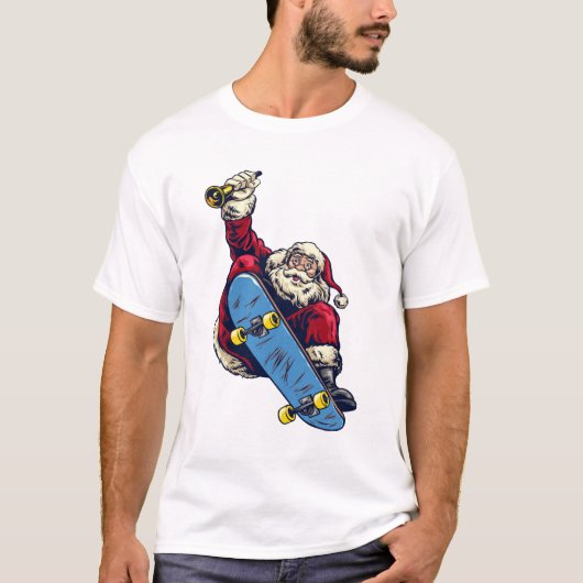Funny Santa on Skateboard Merry kerstfeestdag T-shirt (Voorkant)