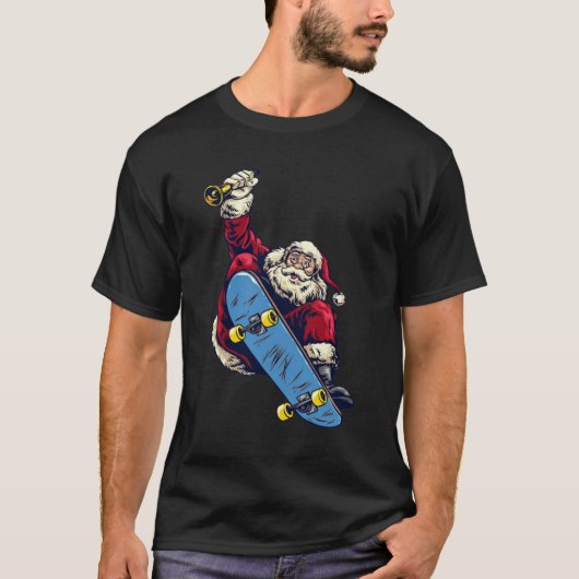 Funny Santa on Skateboard Merry kerstfeestdag T-shirt (Voorkant)