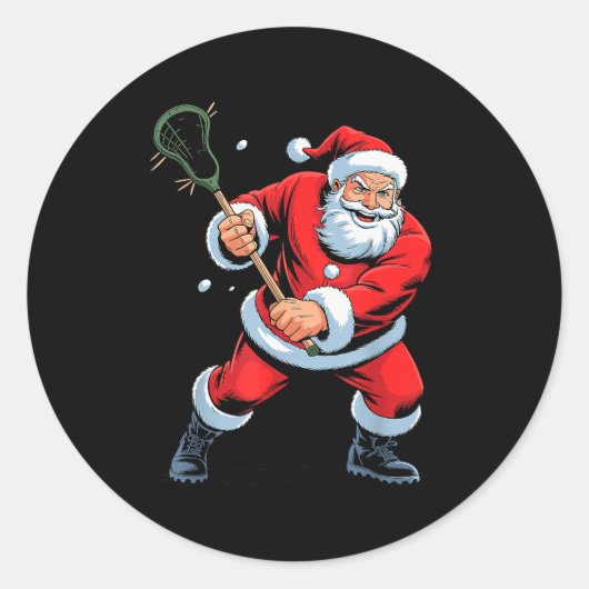 Funny Santa Playing Lacrosse Holiday Christmas Xma Ronde Sticker (Voorkant)