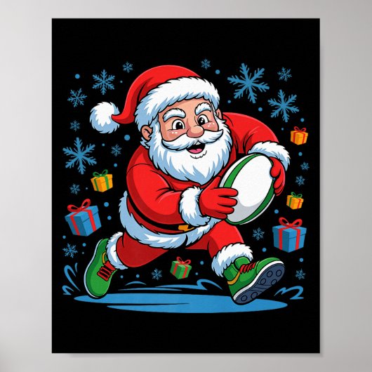 Funny Santa Playing Rugby Holiday Christmas Xmas P Poster (Voorkant)