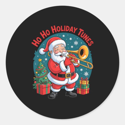 Funny Santa Playing Trombone Holiday Chrismas Xmas Ronde Sticker (Voorkant)