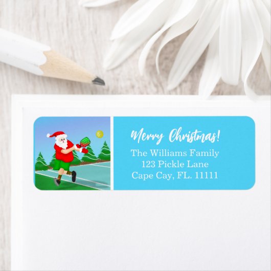 Funny Santa Plays Pickleball Merry-kerstlab Etiket (Insitu)