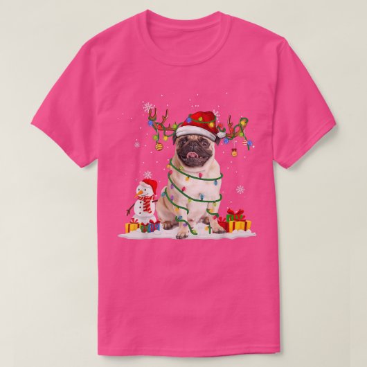Funny Santa Pug Reindeer Fairy Light Merry Christm T-shirt (Design voorkant)