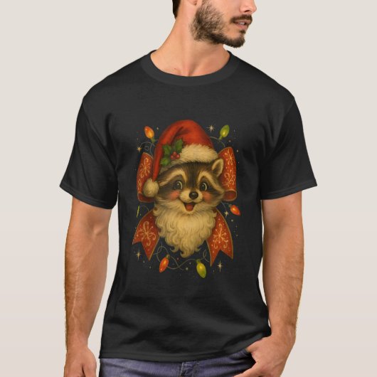 Funny Santa Raccoon in Santa Hat Holiday cute bow  T-shirt (Voorkant)