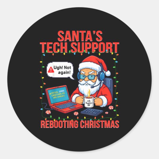 Funny Santa Rebooting Support Engineer s Tech Ronde Sticker (Voorkant)