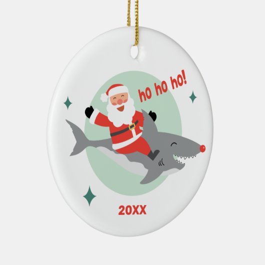 Funny Santa Riding a Shark Name Ceramic Ornament (Rechts)