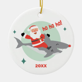 Funny Santa Riding a Shark Name Ceramic Ornament