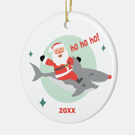 Funny Santa Riding a Shark Name Ceramic Ornament (Links)