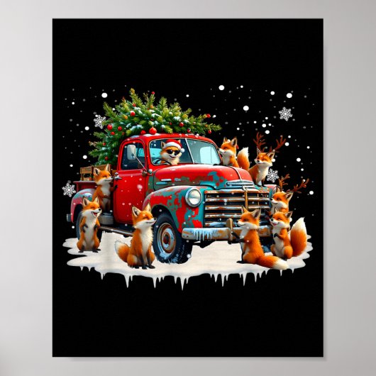 Funny Santa Riding Christmas Tree Truck Fox Christ Poster (Voorkant)