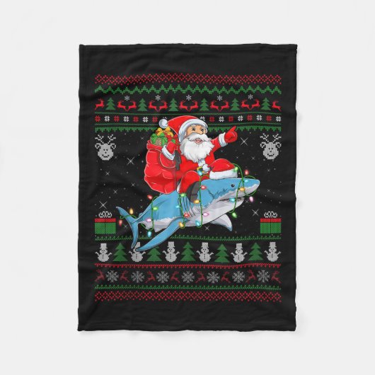 Funny Santa Riding Shark Ugly Christmas Sweaters S Fleece Deken (Voorkant)