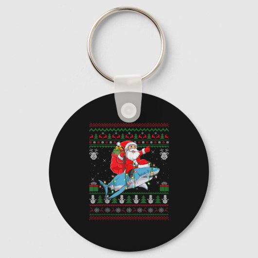 Funny Santa Riding Shark Ugly Christmas Sweaters S Sleutelhanger (Voorkant)