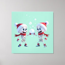 Funny Santa Skeletons Having a Snowball Fight Canvas Afdruk
