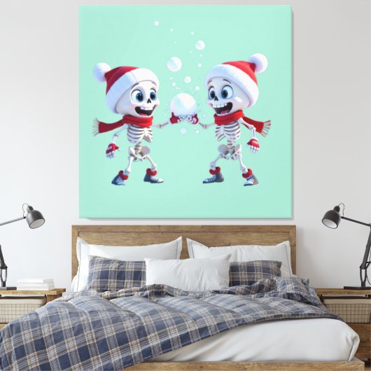 Funny Santa Skeletons Having a Snowball Fight Canvas Afdruk (Insitu (Slaapkamer))