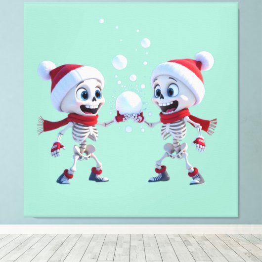 Funny Santa Skeletons Having a Snowball Fight Canvas Afdruk (Insitu (Houten vloer))