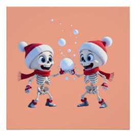 Funny Santa Skeletons Having a Snowball Fight Perfect Poster