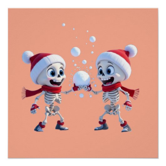 Funny Santa Skeletons Having a Snowball Fight  Perfect Poster (Voorkant)