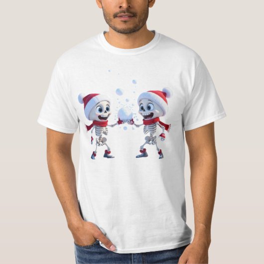 Funny Santa Skeletons Having a Snowball Fight T-shirt (Voorkant)
