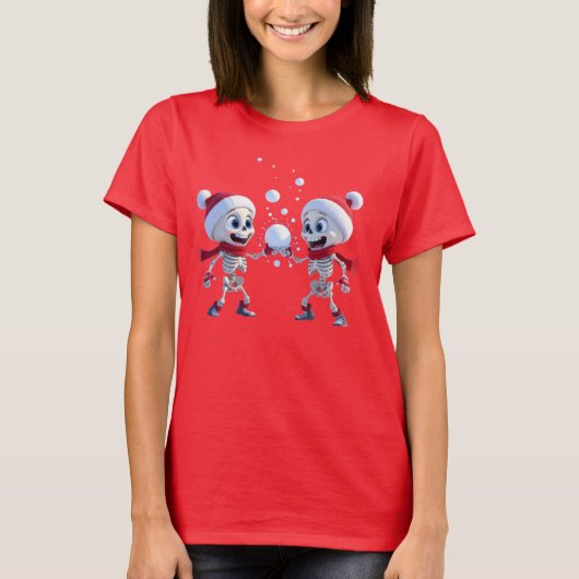 Funny Santa Skeletons Having a Snowball Fight  T-shirt (Voorkant)
