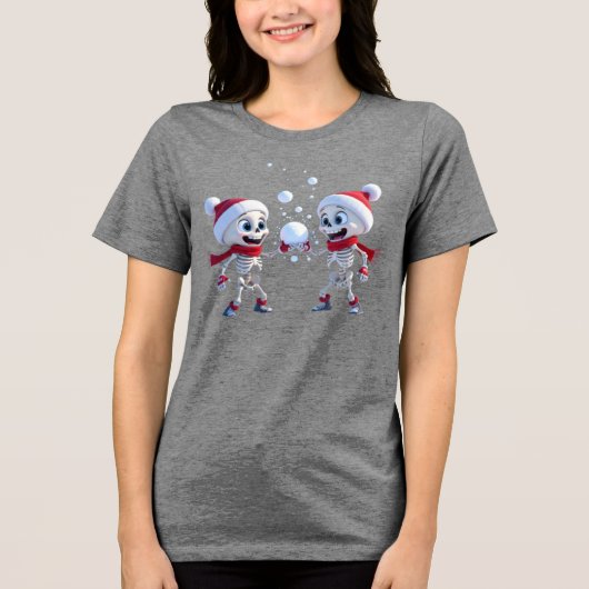 Funny Santa Skeletons Having a Snowball Fight Tri-Blend Shirt (Voorkant)