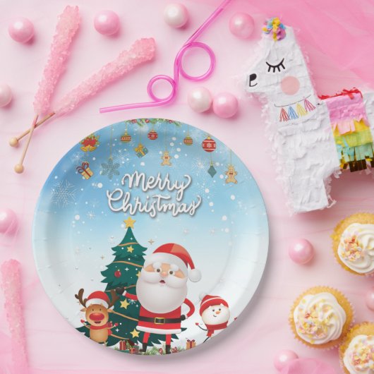 Funny Santa, Snowman, Reindeer Merry Kerstmis Papieren Bordje (Feest)