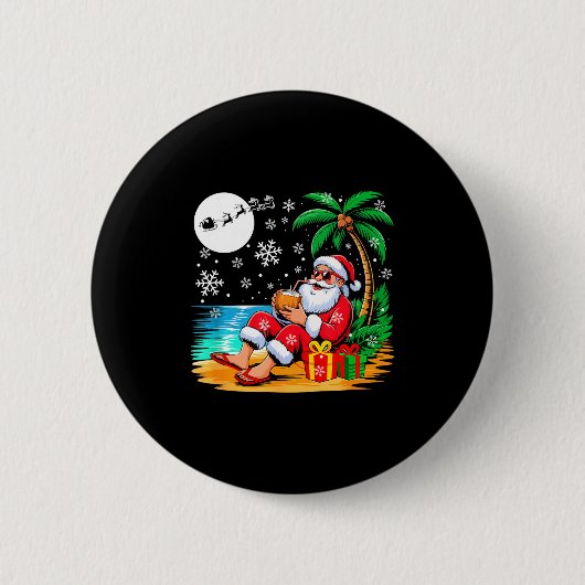 Funny Santa Sungles Drinking Coconut On Beach Chri Ronde Button 5,7 Cm (Voorkant)