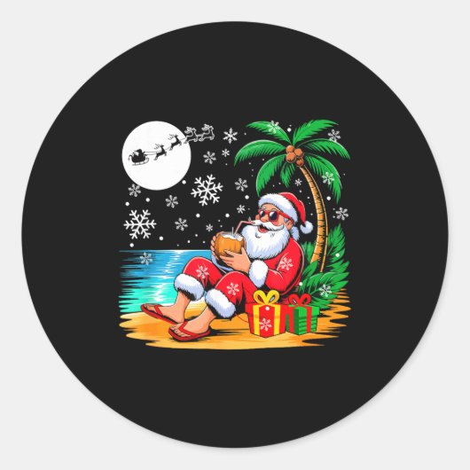 Funny Santa Sungles Drinking Coconut On Beach Chri Ronde Sticker (Voorkant)