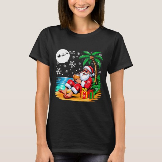 Funny Santa Sungles Drinking Coconut On Beach Chri T-shirt (Voorkant)