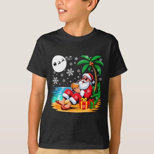 Funny Santa Sungles Drinking Coconut On Beach Chri T-shirt (Voorkant)