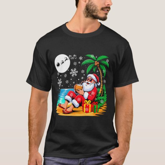 Funny Santa Sungles Drinking Coconut On Beach Chri T-shirt (Voorkant)