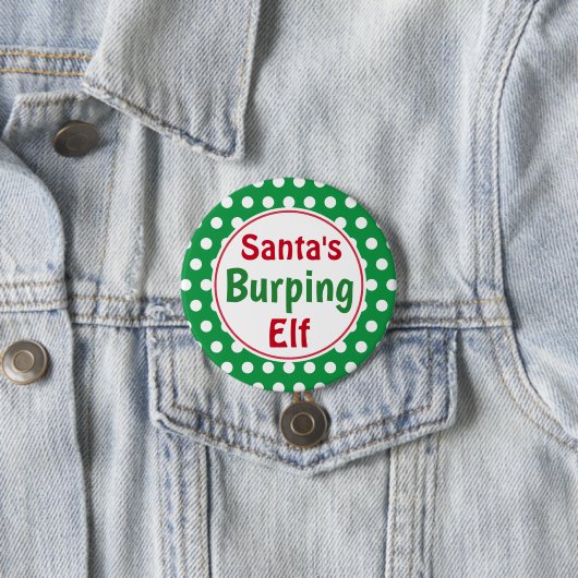 Funny Santa's Burping Elf Christmas Button Pin (In situ)