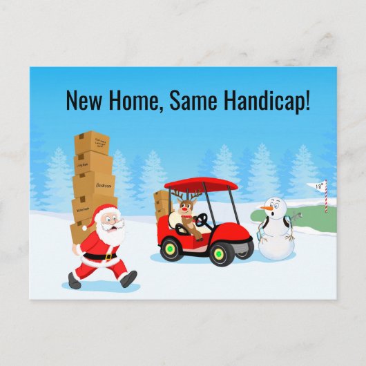 Funny Santa's Moving Boxes on Snowy Golf Course Feestdagenkaart (Voorkant)