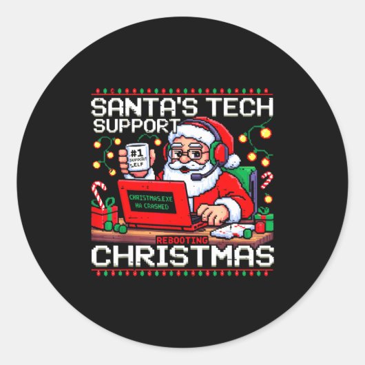 Funny Santa's Tech Suprt Rebooting Christmas Ugly Ronde Sticker (Voorkant)