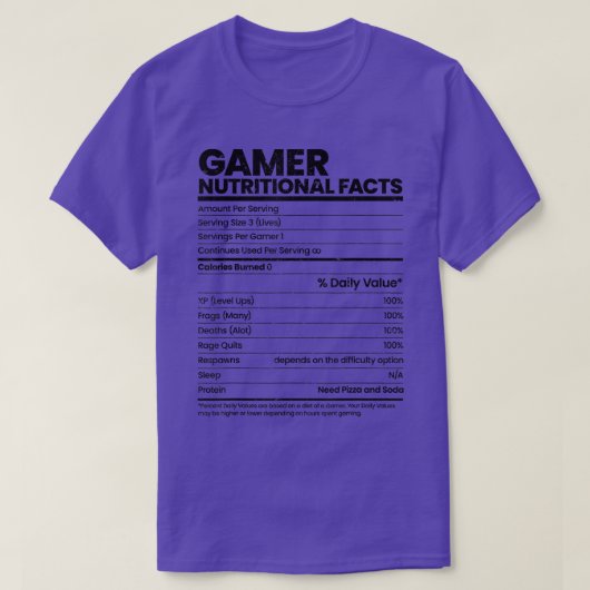 Funny Sarcastic Gamer Nutritional Facts Cool Video T-shirt (Design voorkant)