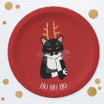 Funny Sarcastic kerstkat Papieren Bordje<br><div class="desc">Een sarcastische en onenthousiaste zwart-witte smoking kat met kerstgewei. Ho ho ho,  en zo. Personaliseer door de tekst te wijzigen of te verwijderen.</div>