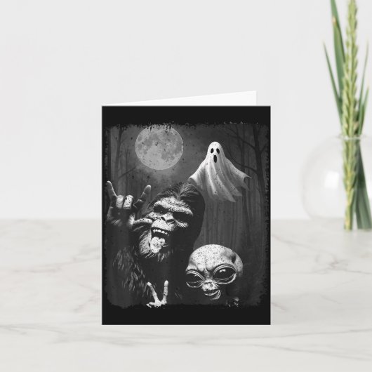 Funny Sasquatch & Alien Rock On Hand Sign Ghos Kaart (Voorkant)