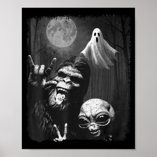 Funny Sasquatch &amp; Alien Rock On Hand Sign Ghos Poster (Voorkant)