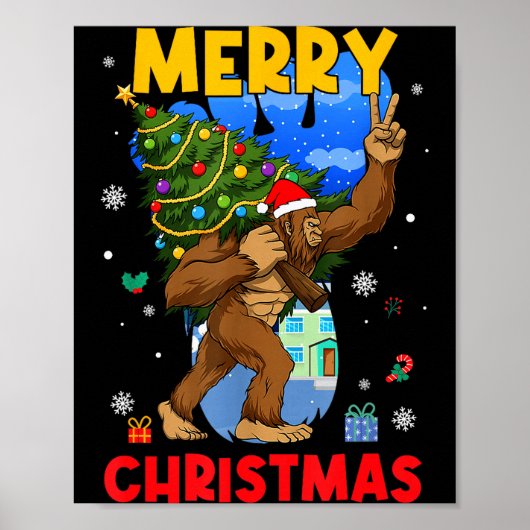 Funny Sasquatch Santa Bigfoot Christmas Tree Xmas Poster (Voorkant)