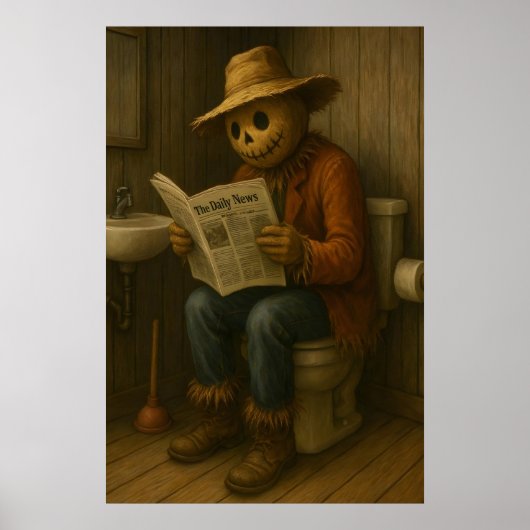 Funny Scarecrow Bathroom Print, Rustic Toilet Poster (Voorkant)