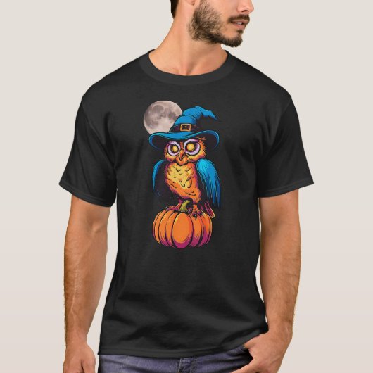 Funny Scary Owl Witch Hat Pumpkin Halloween Owl Lo T-shirt (Voorkant)